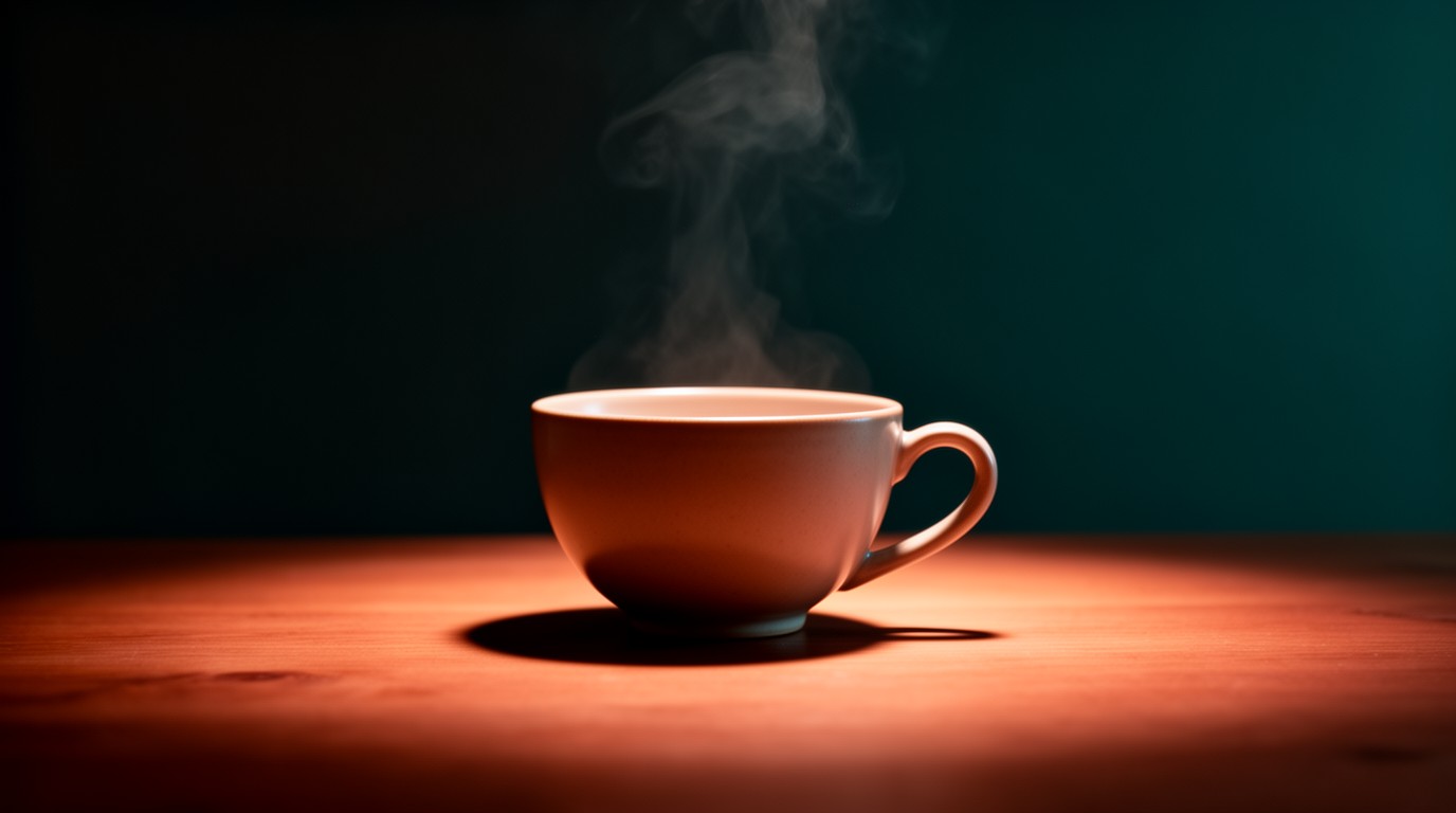 An empty ceramic teacup with gentle steam rising