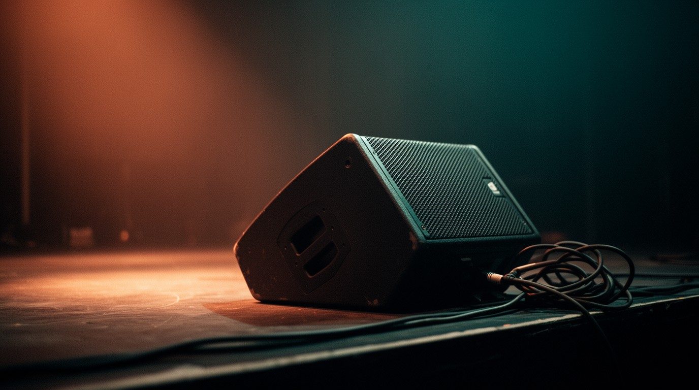 A stage monitor and a coiled cable at the edge of an empty stage
