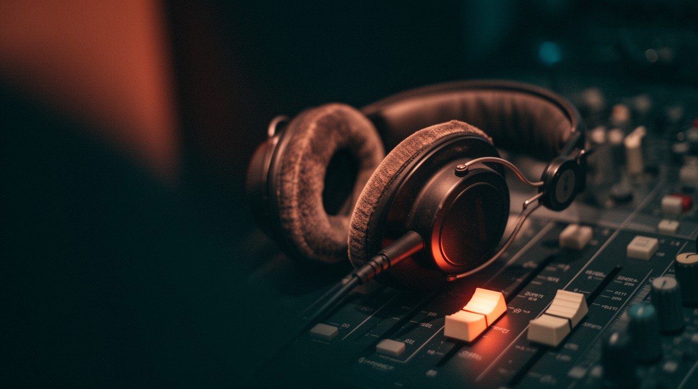 Worn over-ear studio headphones resting on a dark mixing console, one fader lit by a warm glow