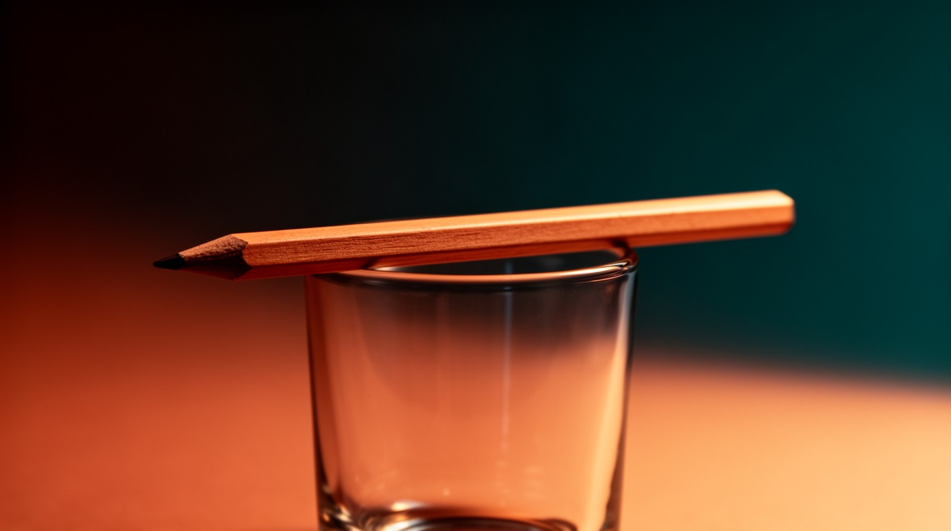 A wooden pencil balanced across the rim of an empty glass