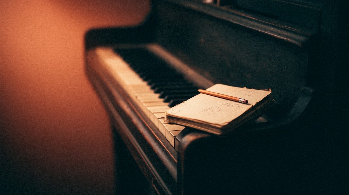 A worn pocket notebook with pencilled notes and a pencil, resting on the keys of an old upright piano