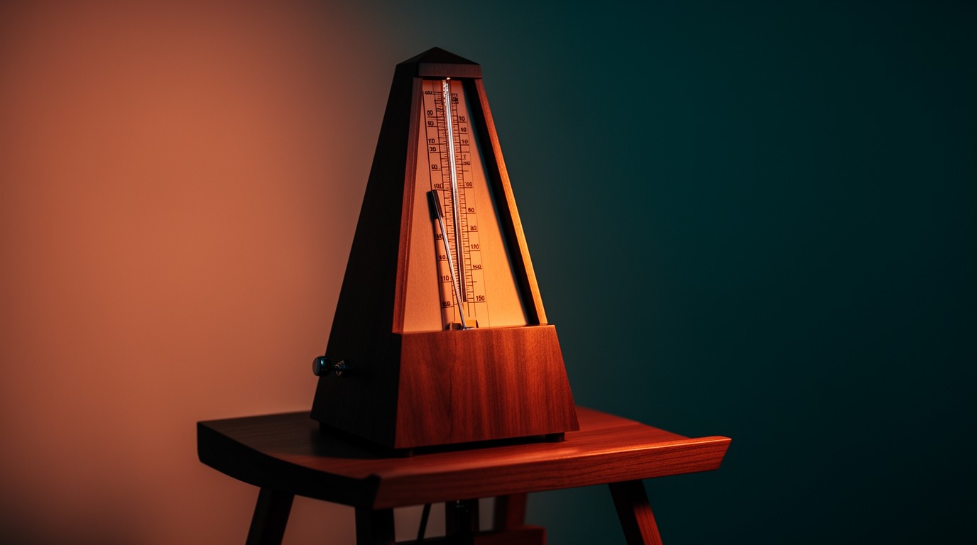 A metronome on a wooden music stand, mid-swing