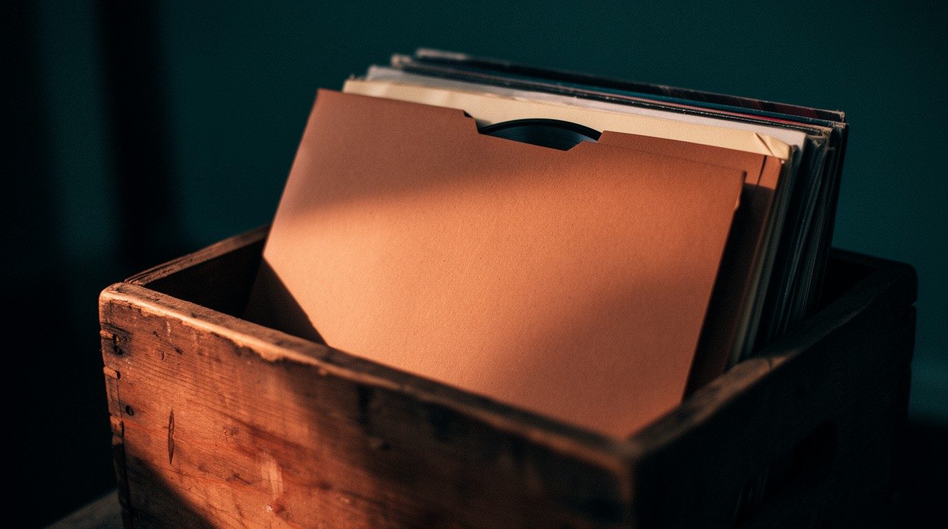 A worn wooden record crate with a plain cardboard sleeve pulled halfway out, lit by warm terracotta light