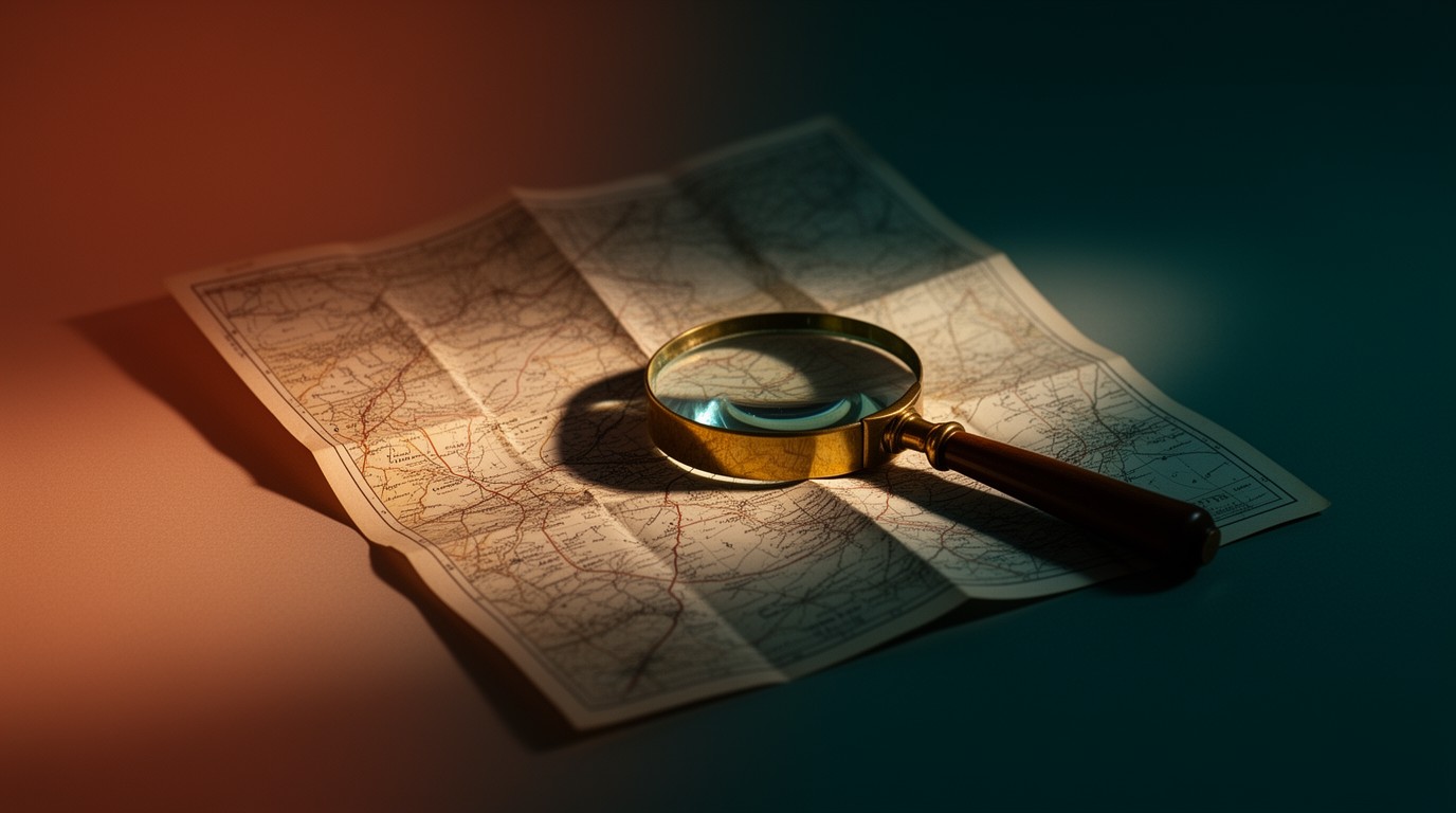 A brass magnifying glass resting on an old folded map