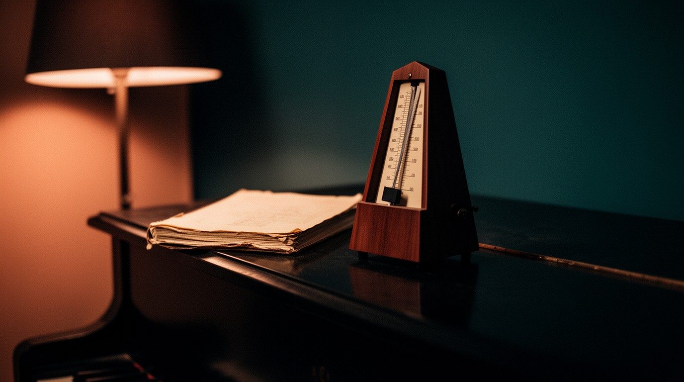A metronome and a worn score on a dark piano lid, lit by a single lamp