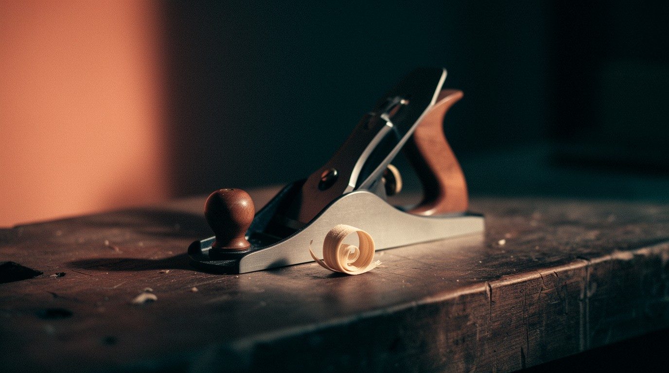 A small hand plane on a dark workbench with a single curled wood shaving beside it, lit by warm terracotta light