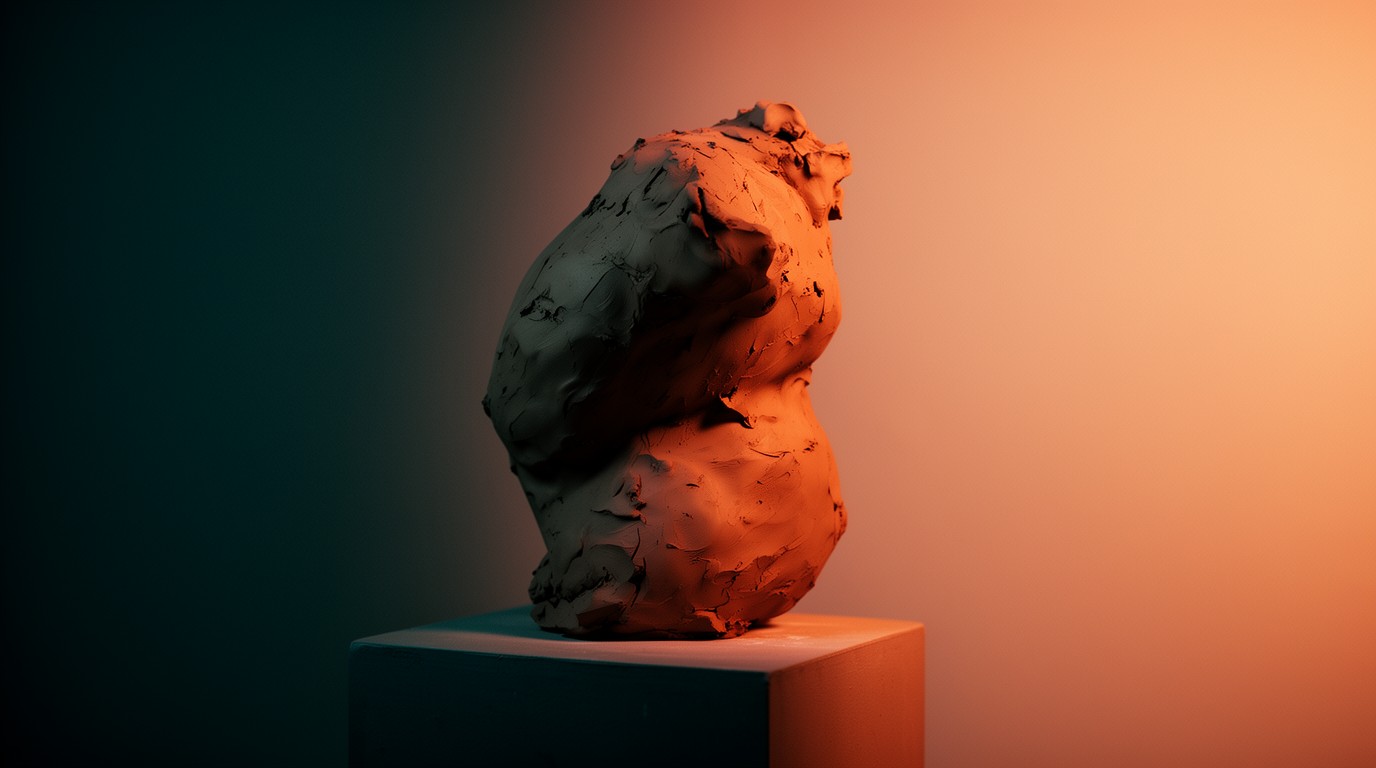 An unfinished clay sculpture on a pedestal, half-formed