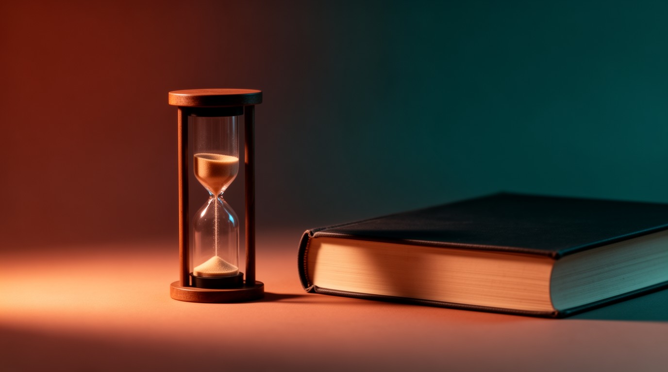 A small hourglass beside a closed book