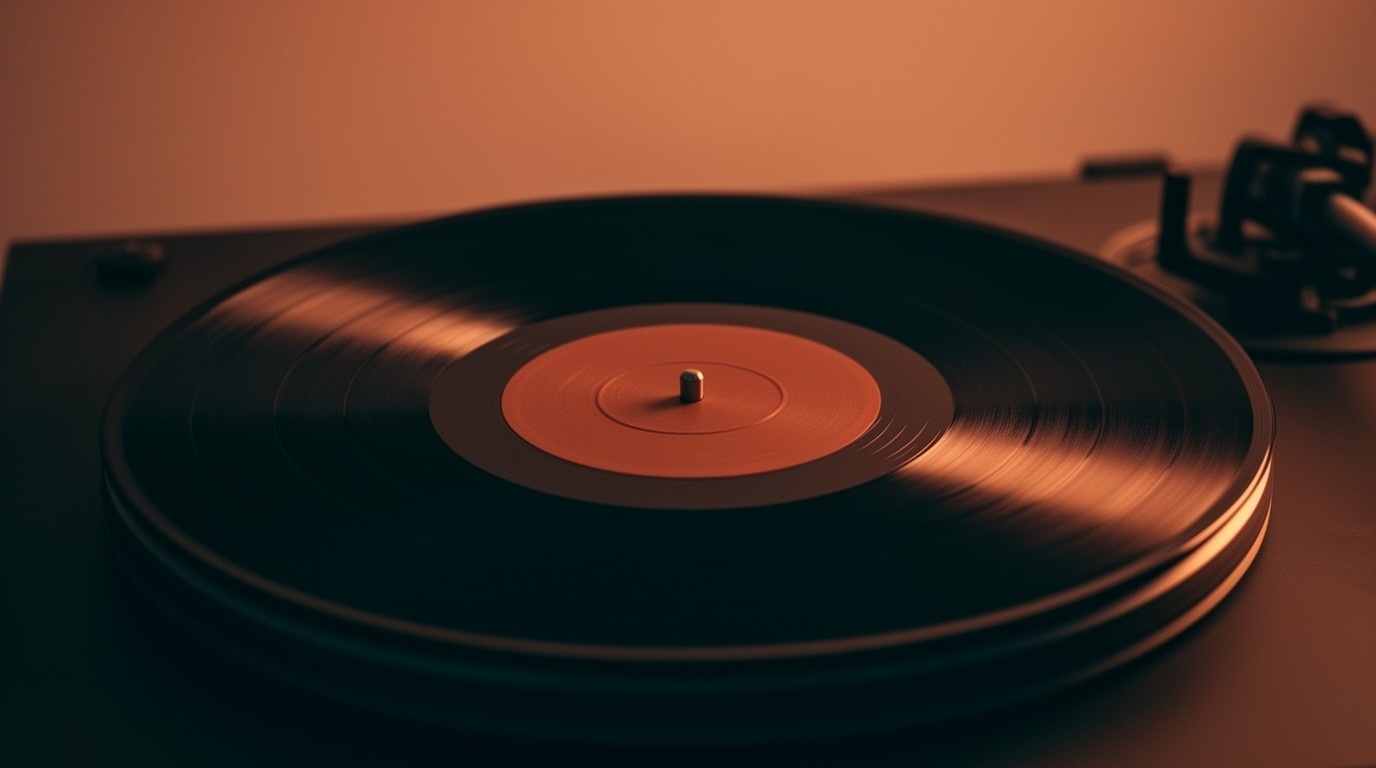 A vinyl record on a turntable, warm light catching its grooves