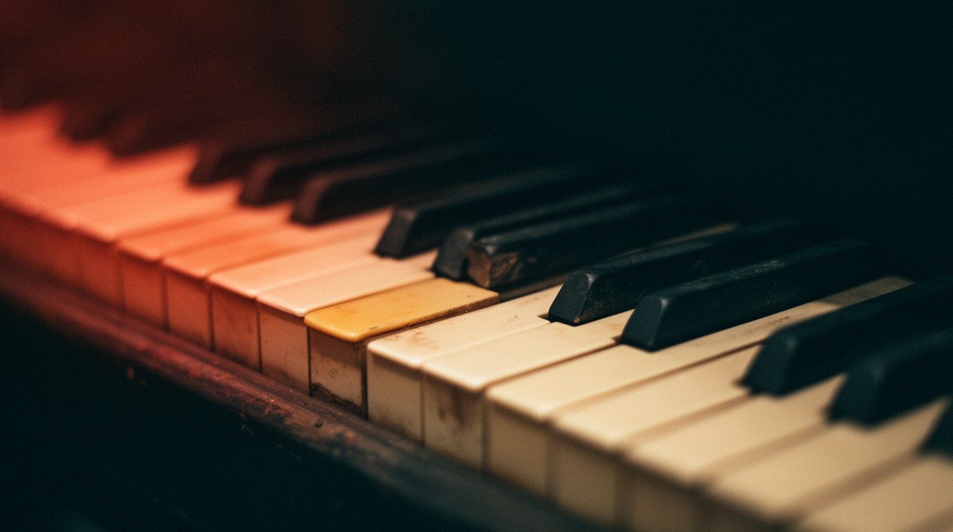 Close-up of worn piano keys with one yellowed white key, lit by warm terracotta light