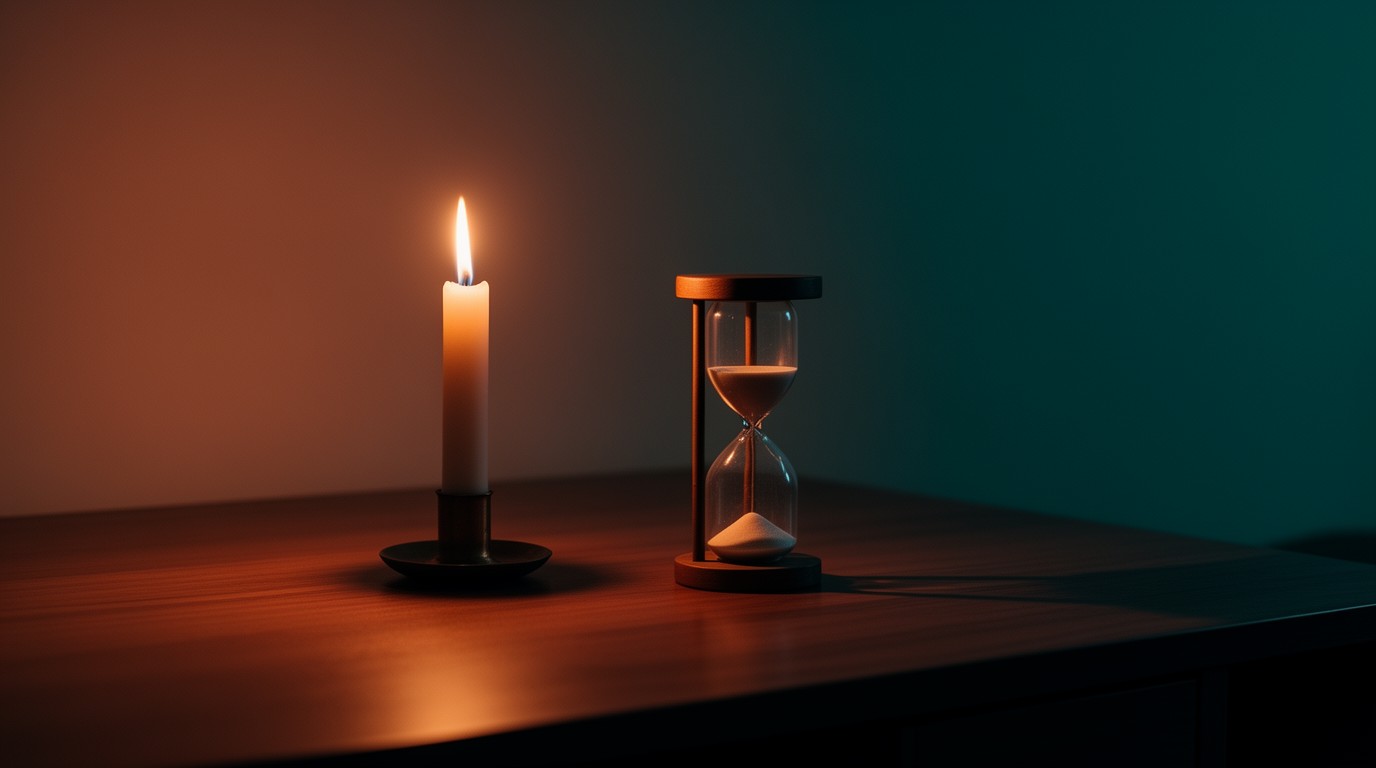 A lit candle beside an hourglass on a wooden desk