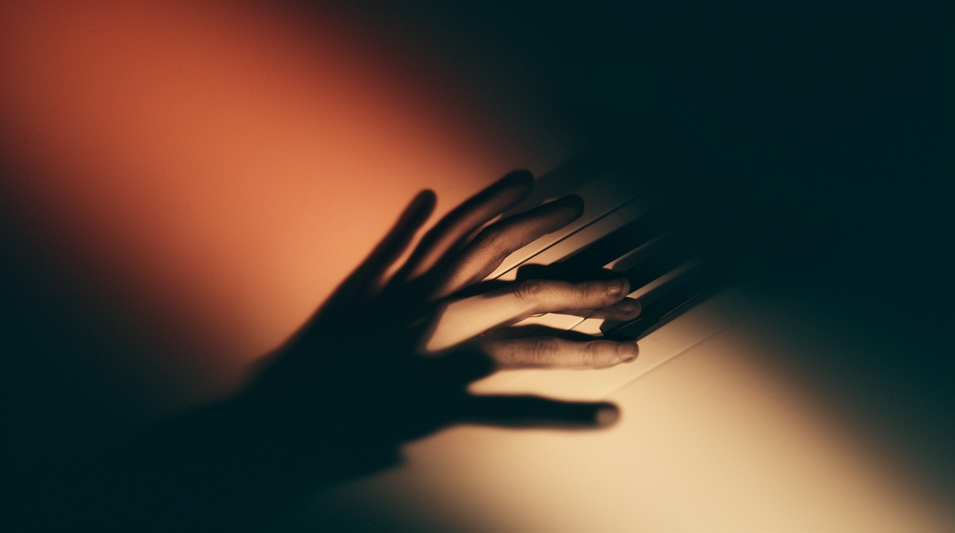 A hand's shadow reaching across piano keys in warm light